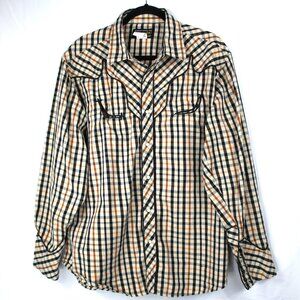 WRANGLER VINTAGE WESTERN WEAR MEN'S BLACK RUST OFFWHITE PLAID SNAP DOWN SHIRT XL
